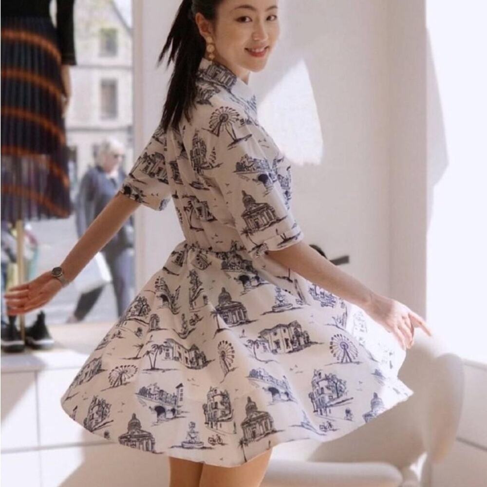Maje Rapomi white shirt dress paris Print short sleeve Dress FR 40 US 8 - Picture 3 of 14